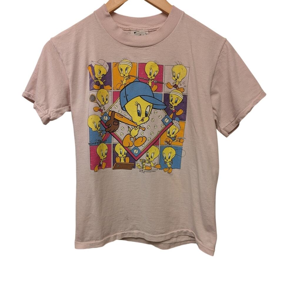 Vintage 1993 Tweety Bird Sports Graphic Kids Tee Shirt Pink Looney Tunes Y2K 90s